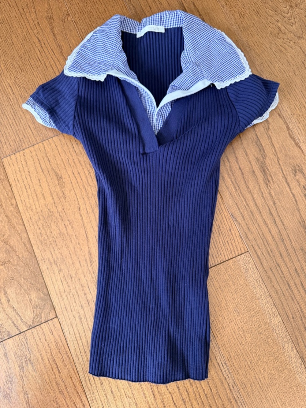 Zara Navy Ribbed Knit Polo Top with Contrast Collar